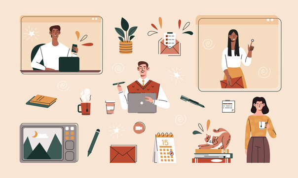 Set of remote work. Collection of elements for creating pictures with people in office. Workflow and workplace, company and organization. Cartoon flat vector illustrations isolated on beige background
