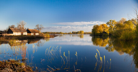 Spring flood on the Pripyat River. Polissya, Belarus, spill at Pripyat on the border with Ukraine.