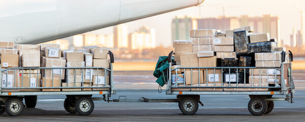 Close-up detail view of cargo cart trolley full with commercial parcels against turboprop cargo plane. Air mail shipping and logistics. Import export operations. Commercial charter flight service - obrazy, fototapety, plakaty