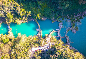 Tamul Waterfall on Tampaon River, Huasteca Potosina, Mexico aerial drone view