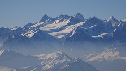 High mountains Lauteraarhorn and Finsteraarhorn seen from Mount Pilatus.