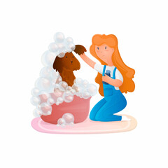Vector isolated illustration of washing with shampoo in the foam of a pet, dog. Concept hygiene, pet care, grooming.
