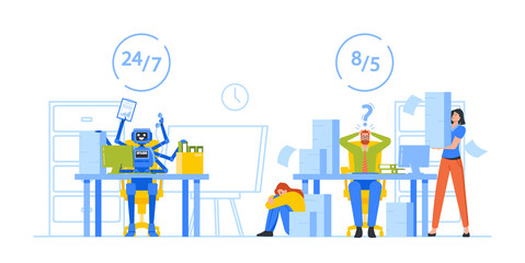 Intelligent System Automation against Manual Labor. Office Characters Compete with Ai Cyborg at Workplace, Rpa Process