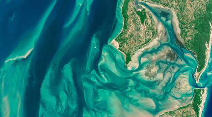 Satellite view of the coast of Mozambique aerial view of Inhaca Island, Mozambique, ocean and pristine islands. Africa. Element of this image is furnished by Nasa
 - obrazy, fototapety, plakaty