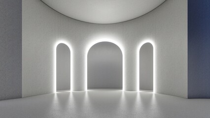 Interior background light arches in empty room 3d rendering