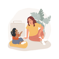 Interacting with adults isolated cartoon vector illustration. Child interacting with adult, toddler speaks to a teacher, social and emotional skills development, kindergarten vector cartoon.