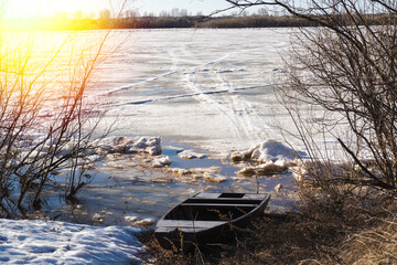 Lonely boat in the snow