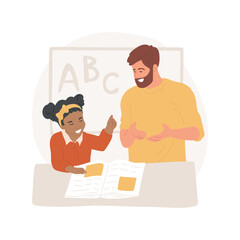 Homework teacher support isolated cartoon vector illustration. Teacher explains homework to child, learning process, afterschool activity, adult helps pupil, preschool education vector cartoon.