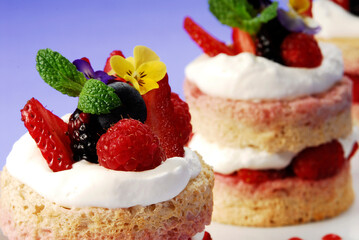 cake or sponge cake with red berries and edible flowers layered with whipped cream on lilac...