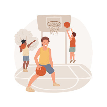 Basketball camp isolated cartoon vector illustration. Basketball day camp, sport summer program, PA activity, children fitness, competitive team play, after school education vector cartoon.