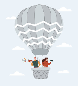 Flying on air balloon. Man with loudspeaker and girl with binoculars, flights and travel. Decoration for invitation and greeting cards. Romantic dates, adventure. Cartoon flat vector illustration