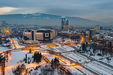 Sunset aerial view of the National Palace of Culture in Sofia, Bulgaria. - obrazy, fototapety, plakaty