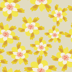 Light Mustard with whimsical yellow flower elements with their sunny yellow decorative leaves seamless pattern background design.