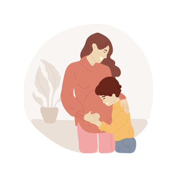 Getting pregnant with second child isolated cartoon vector illustration. Kid hugging mom with big belly, woman pregnant with second child, happy family life, expecting a baby vector cartoon.