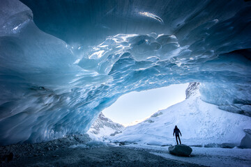Ice cave exploration in Zinal glacier, Valais Switzerland - obrazy, fototapety, plakaty