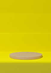 Bright, neon yellow 3D rendering simple product display, minimal background with podium wooden cylinder stand on steps for nature products