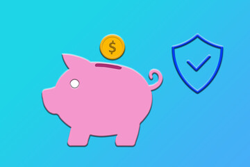 Piggy bank with a coin and a security or insurance sign. Savings.