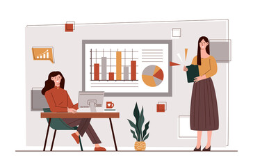 Colleagues discuss strategic. Girls in office on background of graphs and diagrams. Employee brought to boss annual report, analytical department and market research. Cartoon flat vector illustration