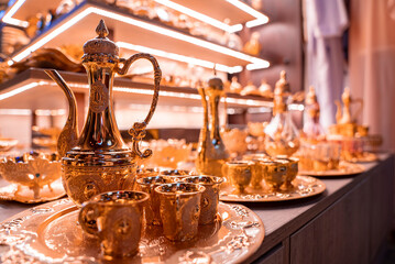 Handcraft gold plated traditional tea sets display for sale in shop