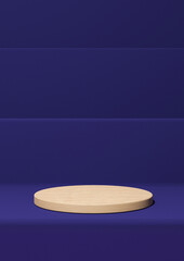 Dark blue 3D rendering simple product display, minimal background with podium wooden cylinder stand on steps for nature products