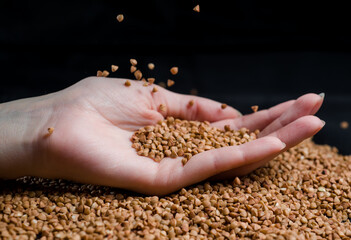buckwheat from a hand, falling lying buckwheat porridge in a female hand raw on a dark background