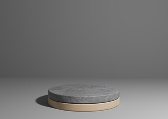 Dark graphite gray, black and white 3D rendering simple product display, natural minimal background with cylinder podium stand made out of concrete and wood for nature products