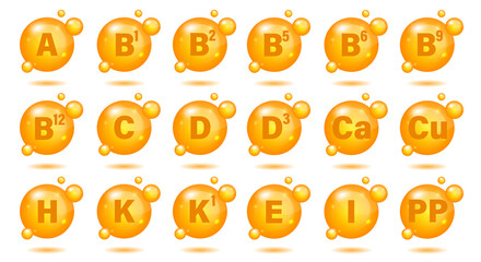 Obraz premium Set of Multi Vitamin complex icons. Multivitamin supplement. A, B group B1, B2, B3, B5, B6, B9, B12, C, D, D3, E, K, H, K1, PP. Essential vitamin complex. Healthy life concept