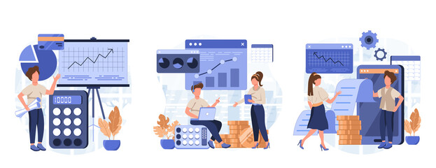 Characters manage finances. People calculating and analyzing personal or corporate budget, managing financial income, consulting with accountant. Flat cartoon vector illustration and icons set.
