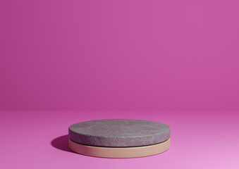 Bright magenta, neon pink 3D rendering simple product display, natural minimal background with cylinder podium stand made out of concrete and wood for nature products