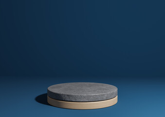 Dark, aqua blue 3D rendering simple product display, natural minimal background with cylinder podium stand made out of concrete and wood for nature products