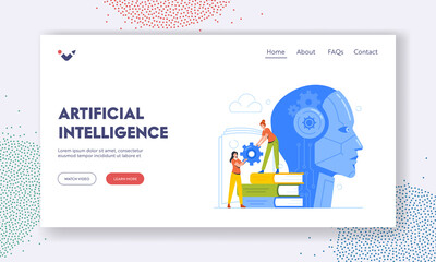 Artificial Intelligence Landing Page Template. Cyborg Training Process. Tiny Engineers Characters with Cogwheel