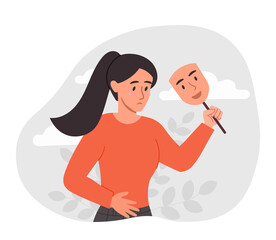 Sad woman with mask. Girl pretends, fake emotions. Young character crying, stress and panic. Internal problems and mental health. Depression and frustration. Cartoon flat vector illustration