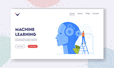 Machine Learning Landing Page Template. Robot Training, Robotic Engineering, Business Automation. Businessman and Cyborg