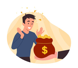Giving money to man. Lucky one won lottery, metaphor for a satisfied website user. Special offers for regular customers, discounts and promotions on website. Cartoon flat vector illustration - obrazy, fototapety, plakaty