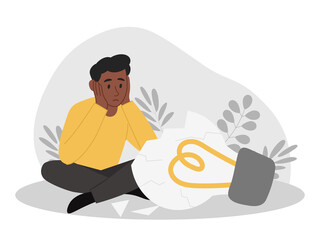 Broken idea concept. Man sits in lotus position next to broken lamp. Creativity problems. Experiences and sadness, hostility. Young sad frustrated businessman. Cartoon flat vector illustration
