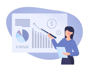 Woman speaker makes presentation. Young girl next to graphs and charts, employee of analytical department. Annual report, revenue growth and company development. Cartoon flat vector illustration