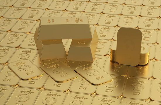 Stock Of Gold Bullion In Golden Background 3d Rendering Illustration