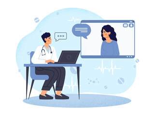 Online doctor concept. Man and girl communicate on Internet. Modern technologies and remote worker. Remote diagnosis and selection of optimal treatment method. Cartoon flat vector illustration