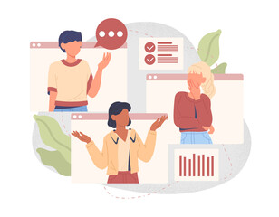 Office people concept. Girls communicate by video call or conference, modern technology and digital world. Girlfriends discussing latest news, brainstorming. Cartoon flat vector illustration