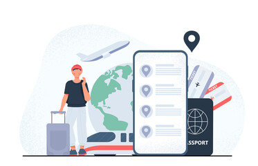 Man traveler with smartphone. Character next to smartphone. Adventure and vacation. Globalization and international flights, airport and plane. Route and geolocation. Cartoon flat vector illustration