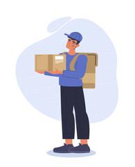 Man carry box. Home delivery, online shopping and marketing. Courier with backpack and parcel. Young guy with food and goods. Loader, moving, owner with things. Cartoon flat vector illustration