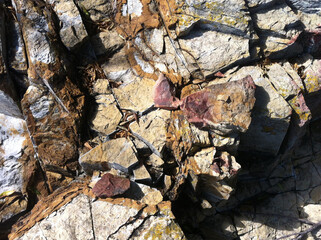 Patterns and textures in rock formations along the riverbanks of the Derwent river Hobart
