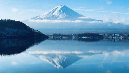 Panoramic shot of a snow-capped mountain in Japan is reflected in a mirror lake