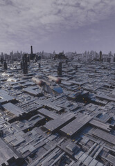 Cargo Shuttle Flying Over a Massive Industrial Zone, 3d digitally rendered science fiction illustration