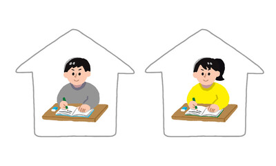 家で勉強する男性女性