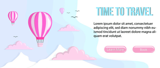 Hot air balloons website landing page vector template. Paper Cut style hot air balloons in sky cloud landing web template with text and linking buttons templates for tourism vacation promotion design.