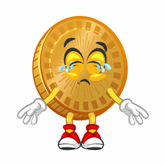 vector cartoon illustration of cute coin mascot crying