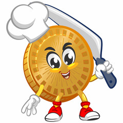 vector cartoon illustration of cute coin mascot being chef with big knife