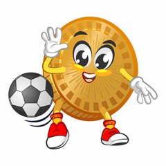vector cartoon illustration of cute coin mascot playing soccer 