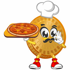 vector cartoon illustration of cute coin mascot being chef serving pizza